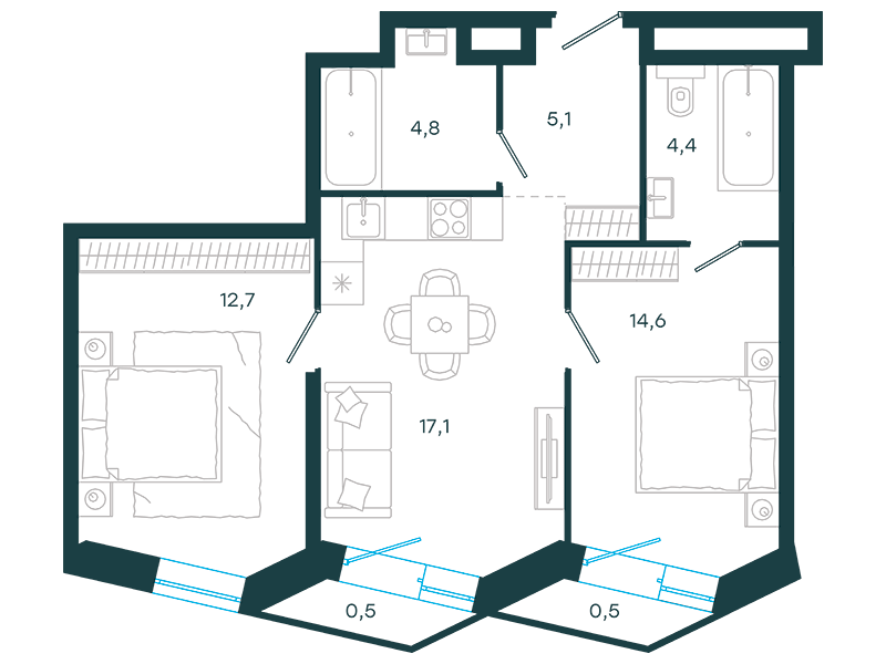 Планировка Апартаменты с 2 спальнями 59.7 м2 в ЖК Level Стрешнево