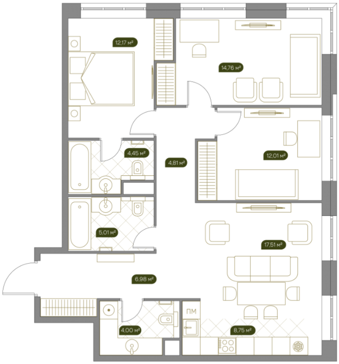 Планировка Квартира с 4 спальнями 91.8 м2 в ЖК West Garden