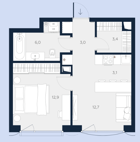 Планировка Апартаменты с 1 спальней 41.1 м2 в ЖК Logos