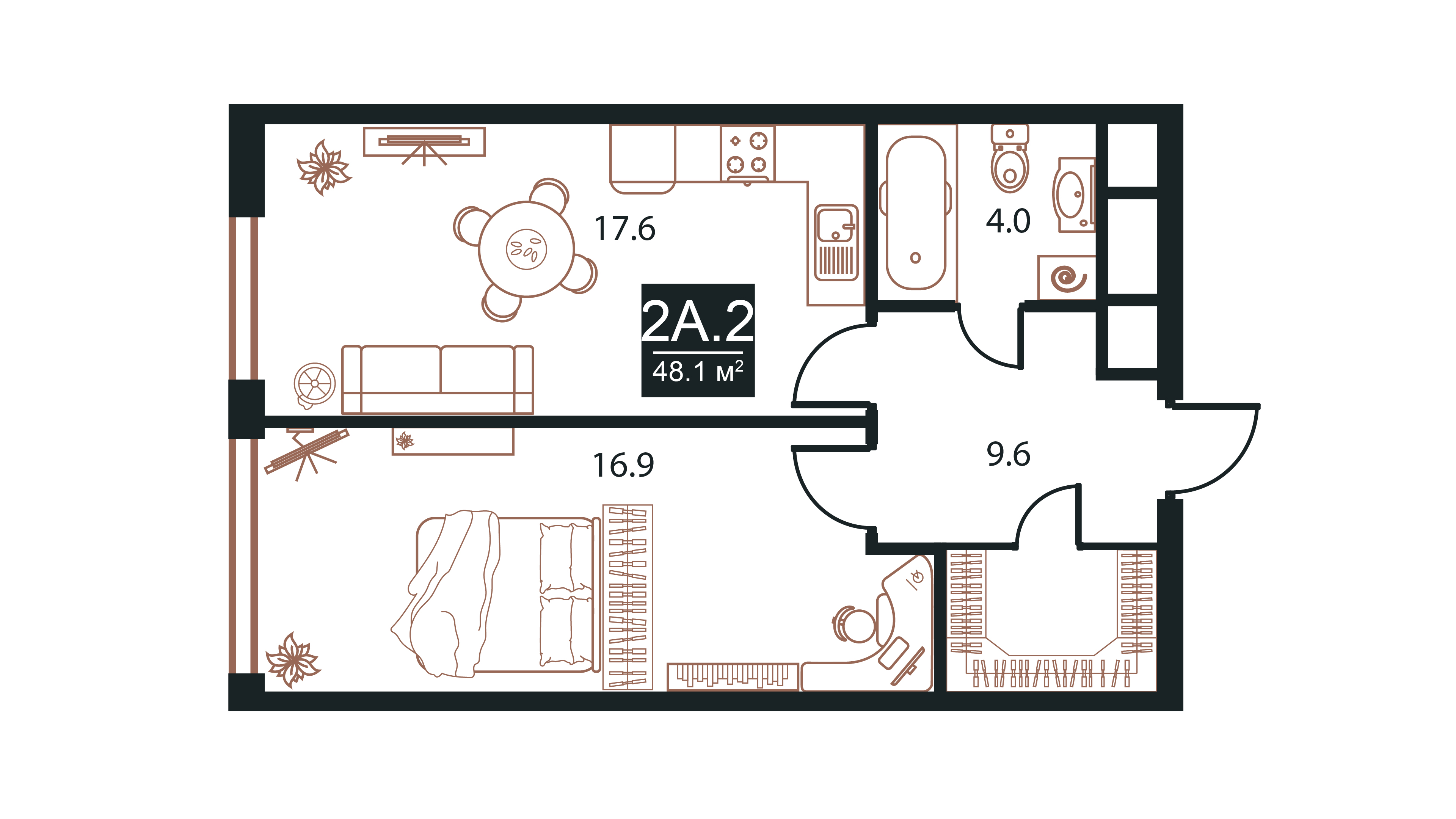 Планировка Апартаменты с 2 спальнями 48.1 м2 в ЖК West Tower