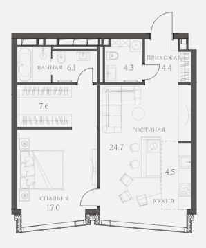 Планировка Апартаменты с 1 спальней 69.5 м2 в ЖК AHEAD