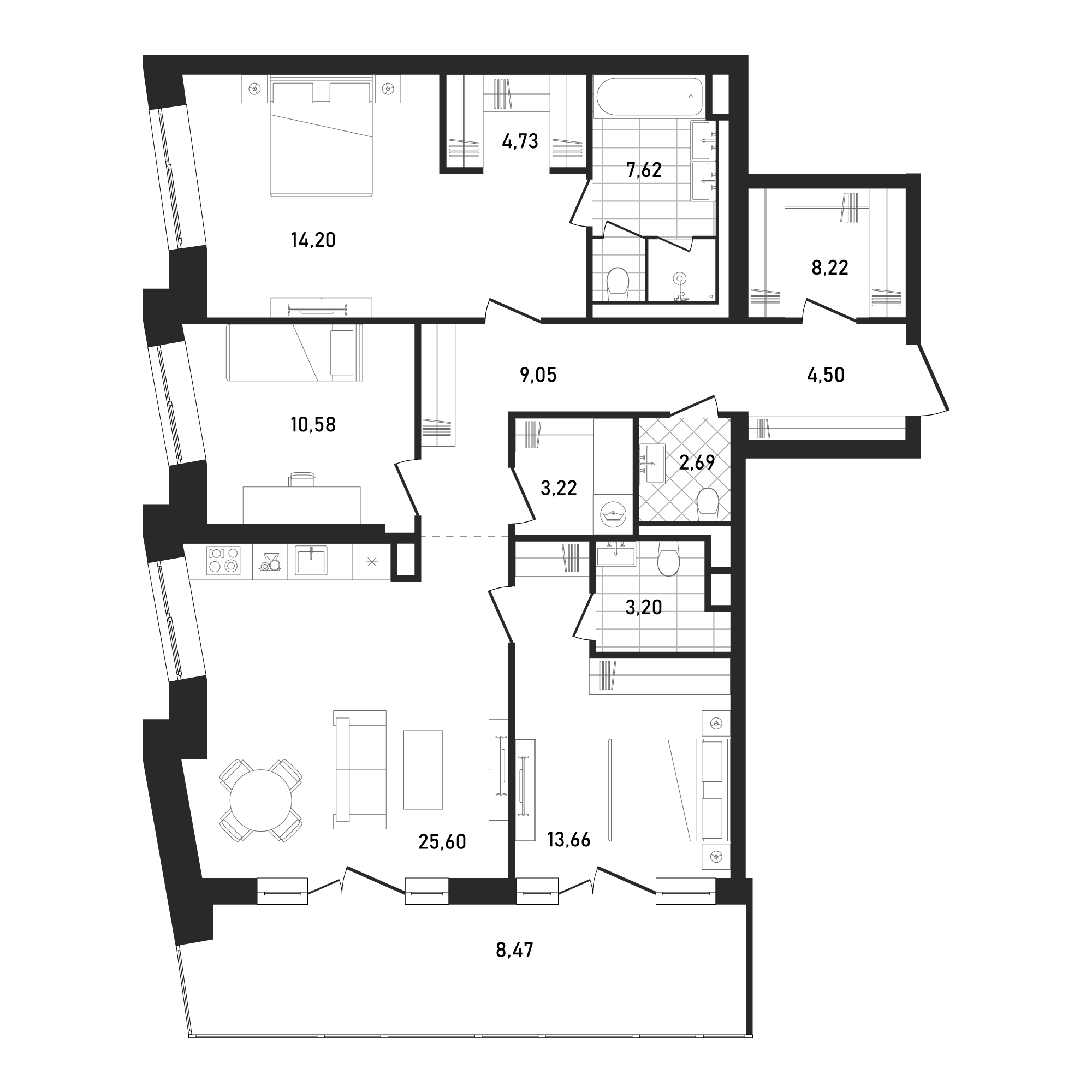 Планировка Квартира с 3 спальнями 115.74 м2 в ЖК Republic