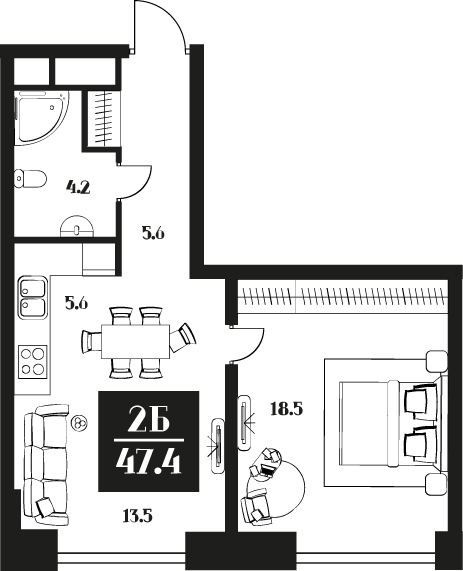 Планировка Апартаменты с 1 спальней 47.4 м2 в ЖК Deco Residence
