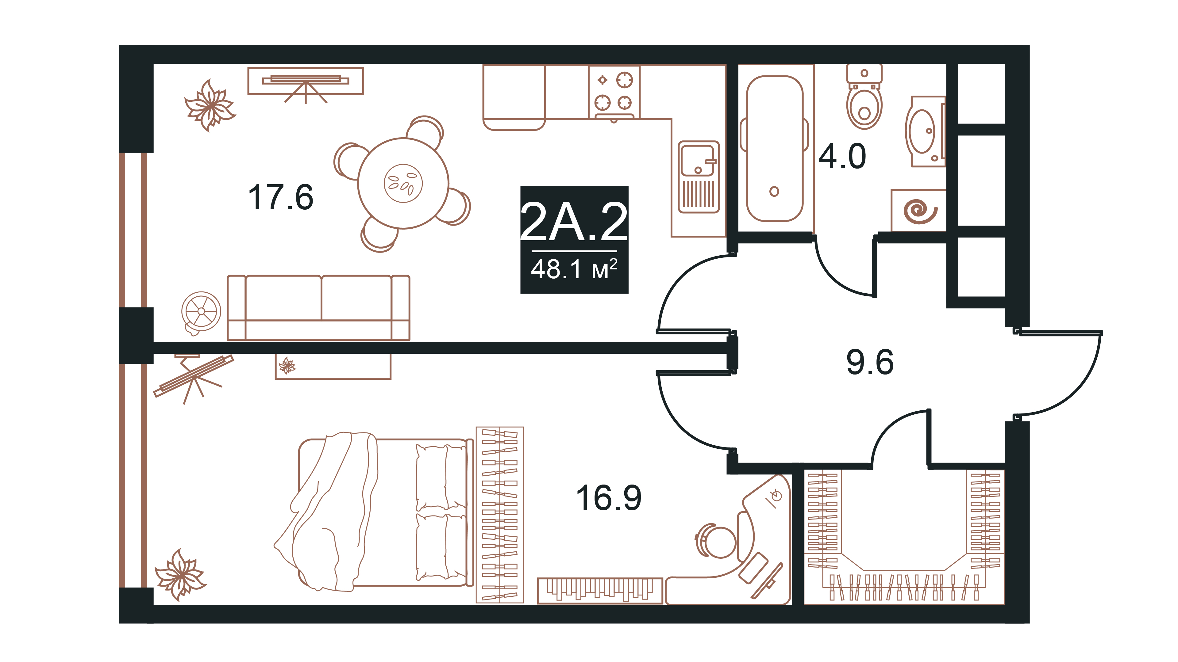 Планировка Апартаменты с 1 спальней 48.1 м2 в ЖК West Tower