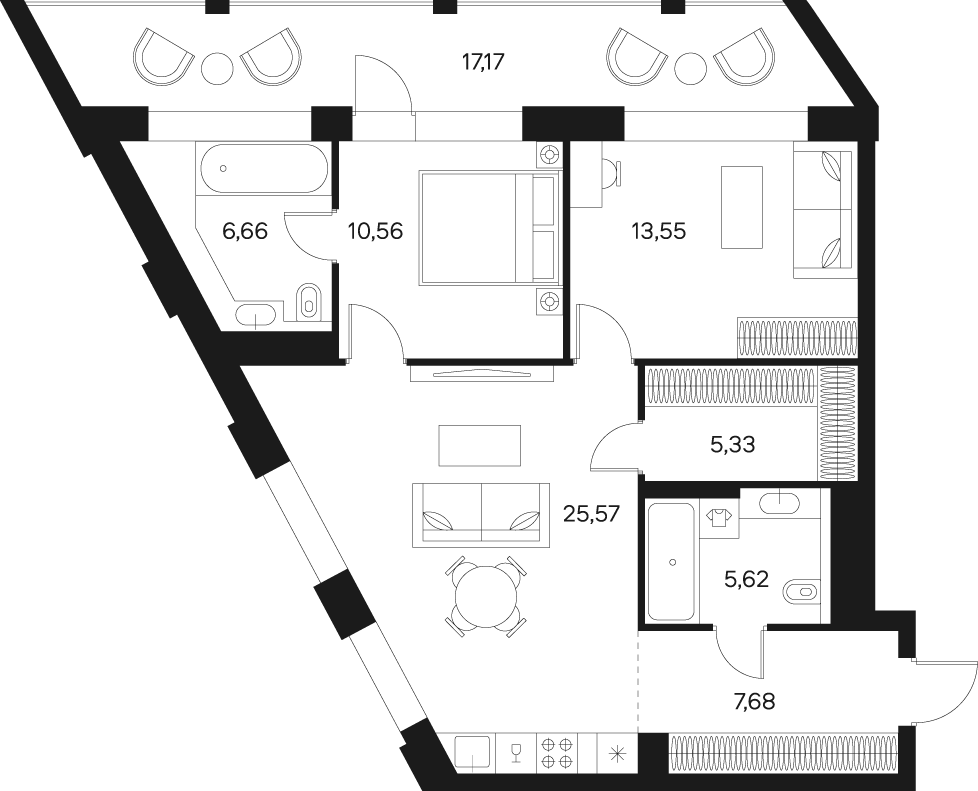 Планировка Квартира с 2 спальнями 83.55 м2 в ЖК Forst