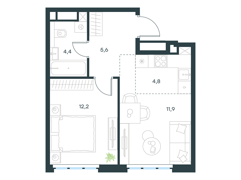 Апартаменты с 1 спальней 38.9 м2 в ЖК Level Южнопортовая