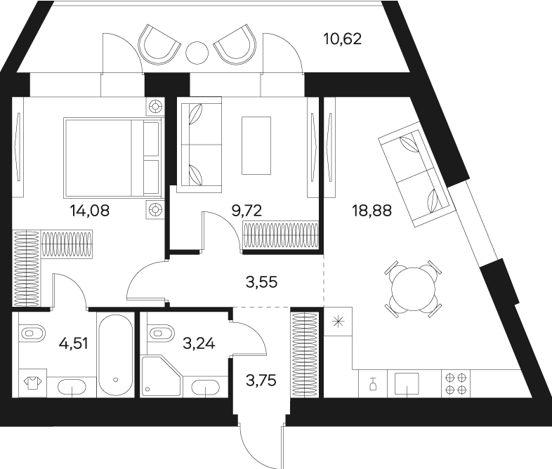 Планировка Квартира с 3 спальнями 63.04 м2 в ЖК Forst