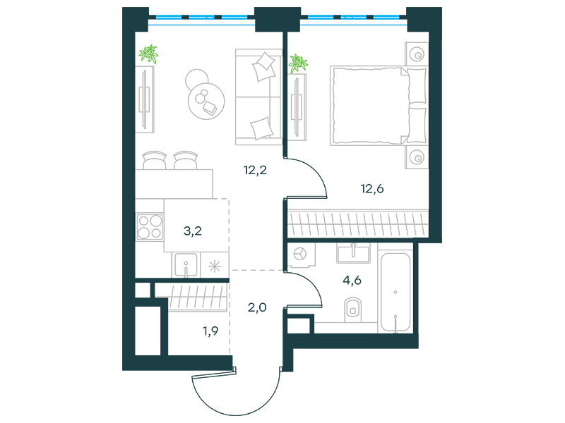 Планировка Квартира с 1 спальней 36.5 м2 в ЖК Level Южнопортовая
