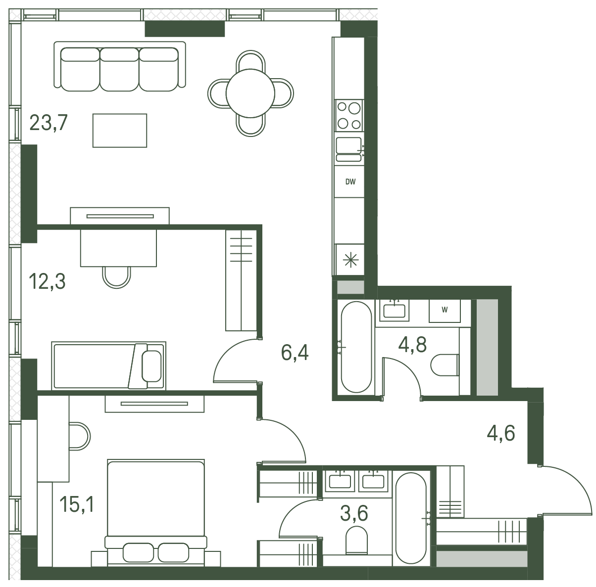 Планировка Квартира с 2 спальнями 70.5 м2 в ЖК Moments