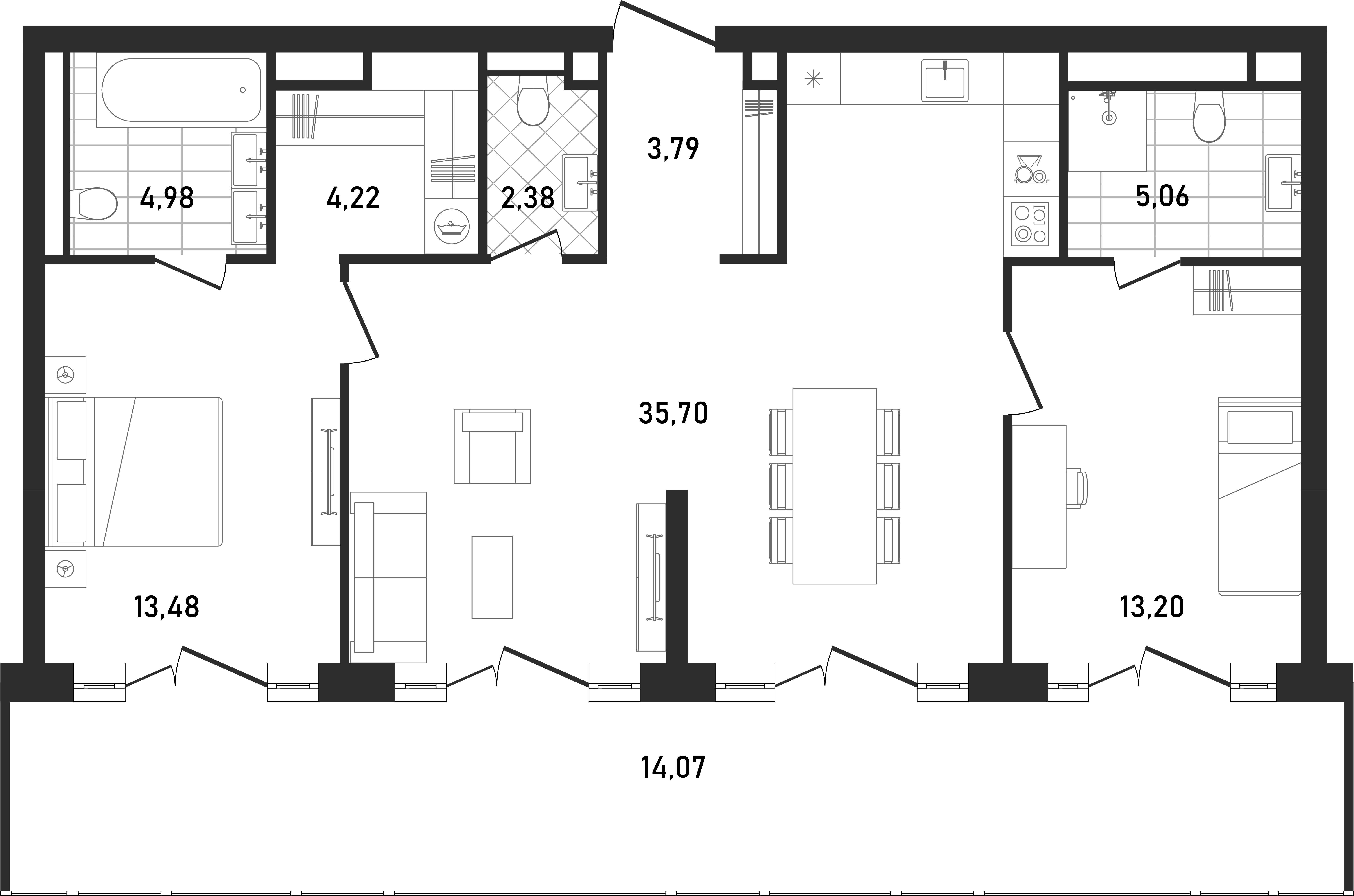 Планировка Квартира с 2 спальнями 96.57 м2 в ЖК Republic