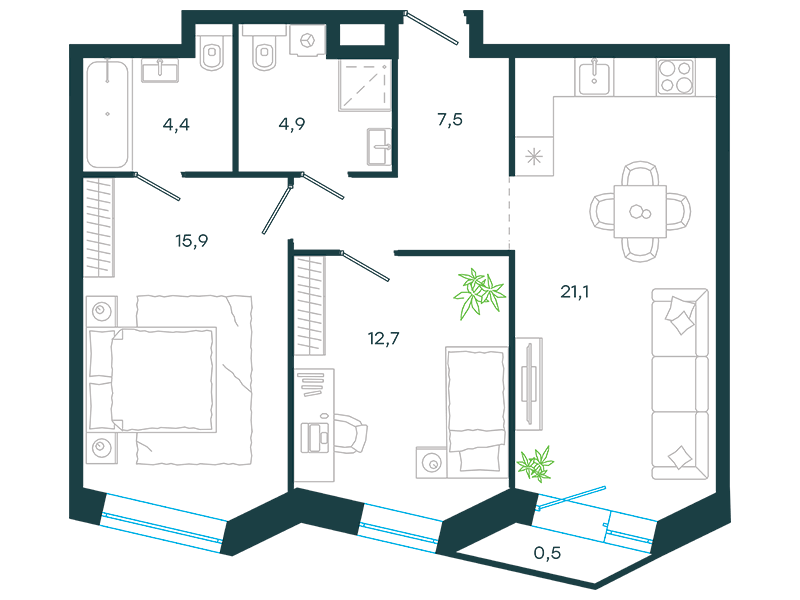 Апартаменты с 2 спальнями 67 м2 в ЖК Level Стрешнево