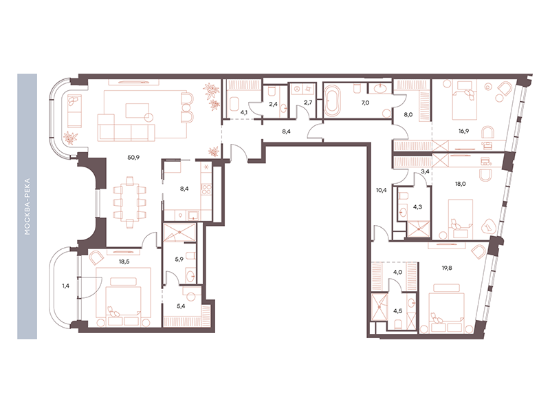 Планировка Апартаменты с 5 спальнями 204.4 м2 в ЖК Саввинская 27