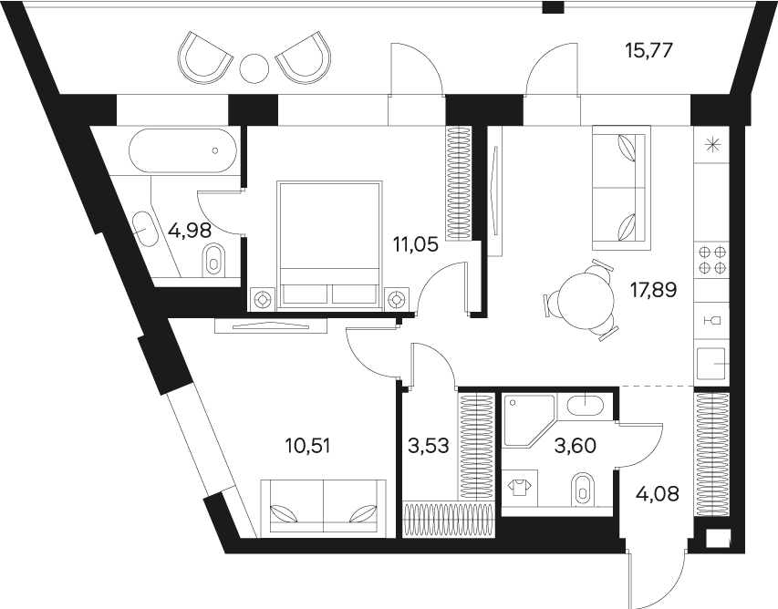 Квартира с 2 спальнями 63.53 м2