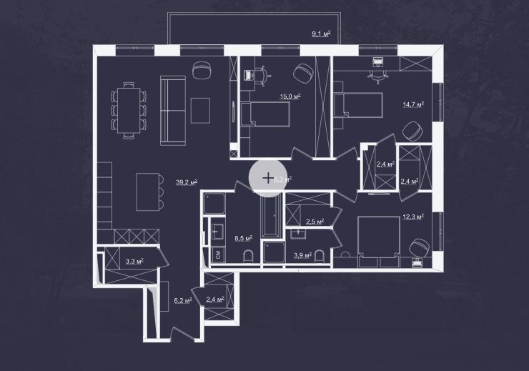 Планировка Апартаменты с 3 спальнями 129.2 м2 в ЖК River Residences
