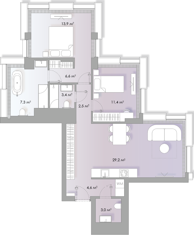 Планировка Апартаменты с 2 спальнями 82.5 м2 в ЖК Lumin House
