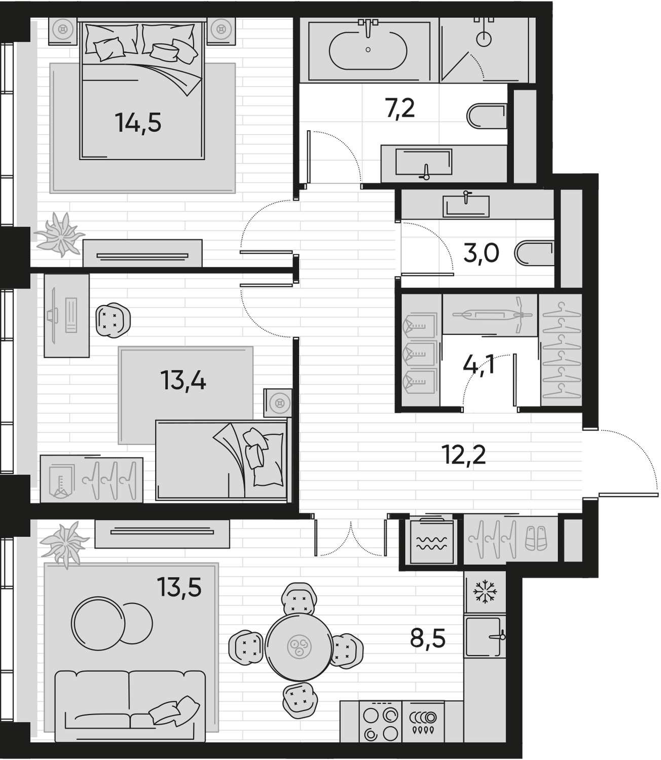 Планировка Квартира с 2 спальнями 76.4 м2 в ЖК Pride
