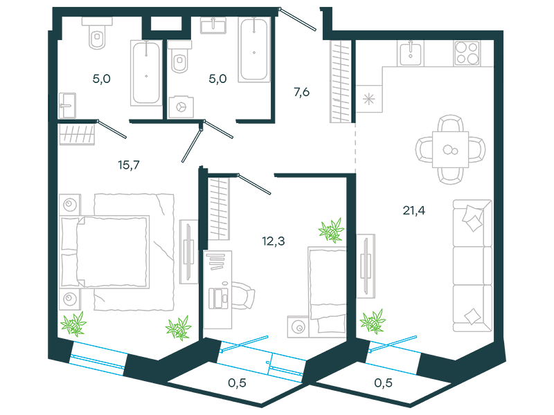 Апартаменты с 2 спальнями 68 м2 в ЖК Level Стрешнево