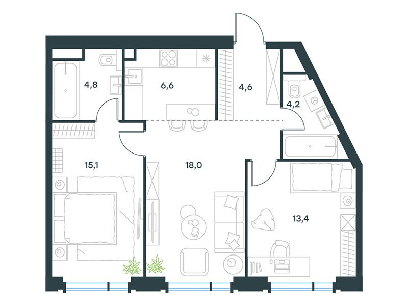 Планировка Квартира с 2 спальнями 66.7 м2 в ЖК Level Академическая