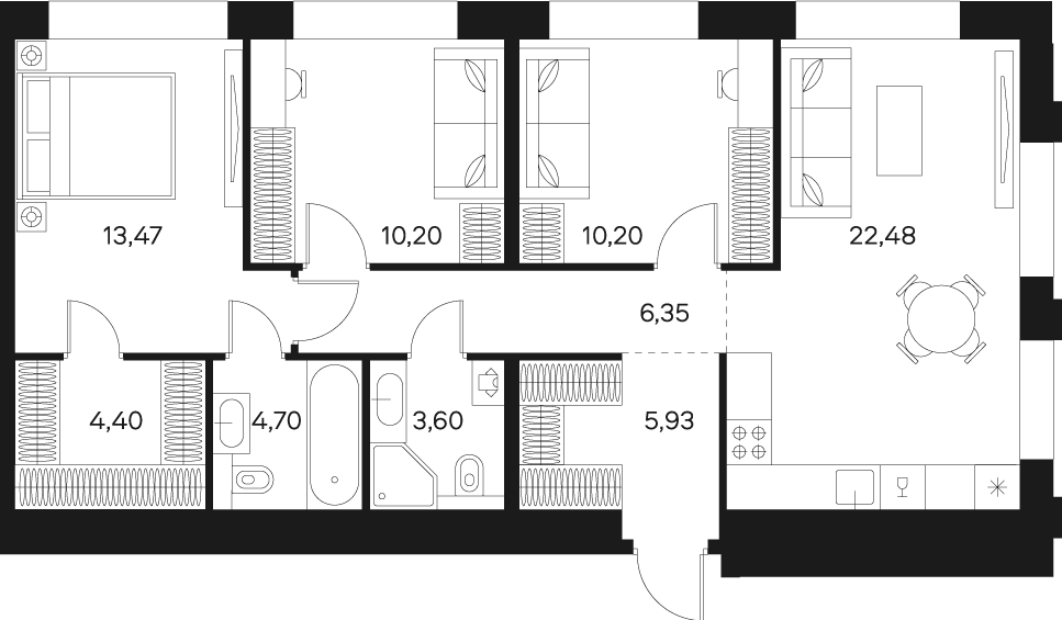 Квартира с 4 спальнями 80.83 м2