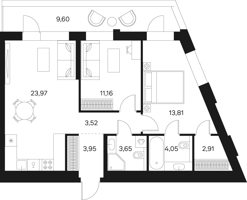 Планировка Квартира с 2 спальнями 69.9 м2 в ЖК Forst
