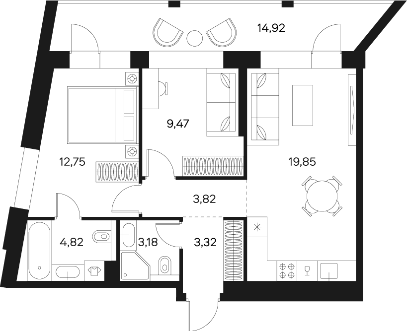 Планировка Квартира с 2 спальнями 64.29 м2 в ЖК Forst