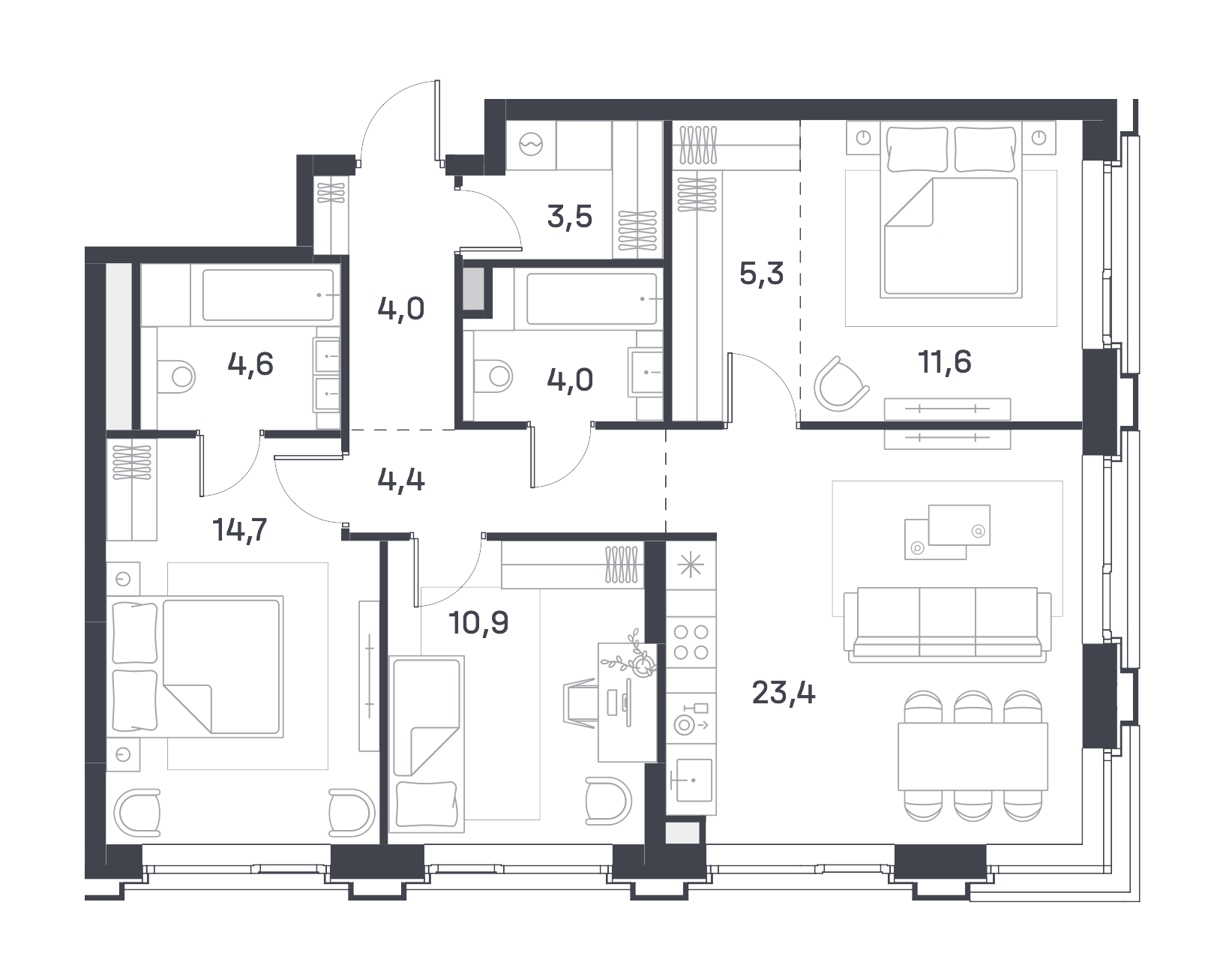 Планировка Квартира с 1 спальней 40.7 м2 в ЖК Portland