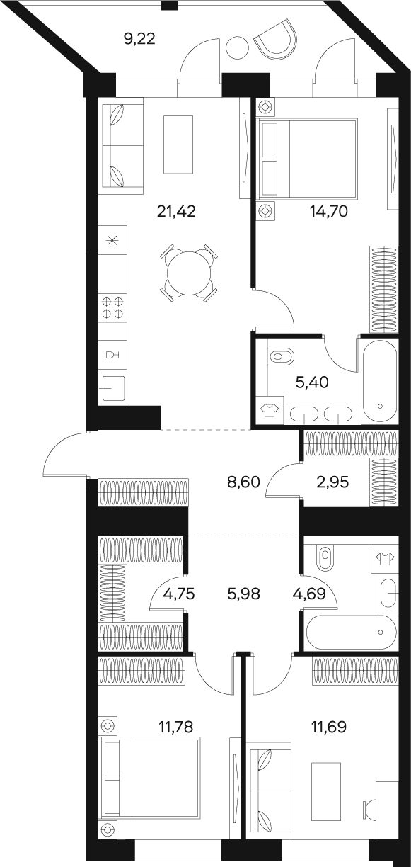 Планировка Квартира с 3 спальнями 96.62 м2 в ЖК Forst