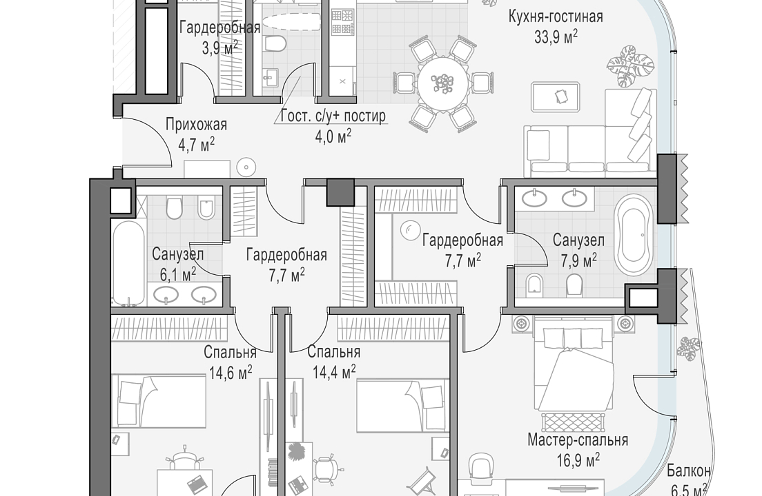 Квартира с 3 спальнями 125 м2 в ЖК Лаврушинский