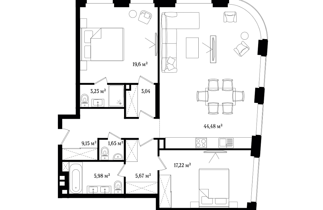 Апартаменты с 2 спальнями 110.02 м2 в ЖК Vernissage