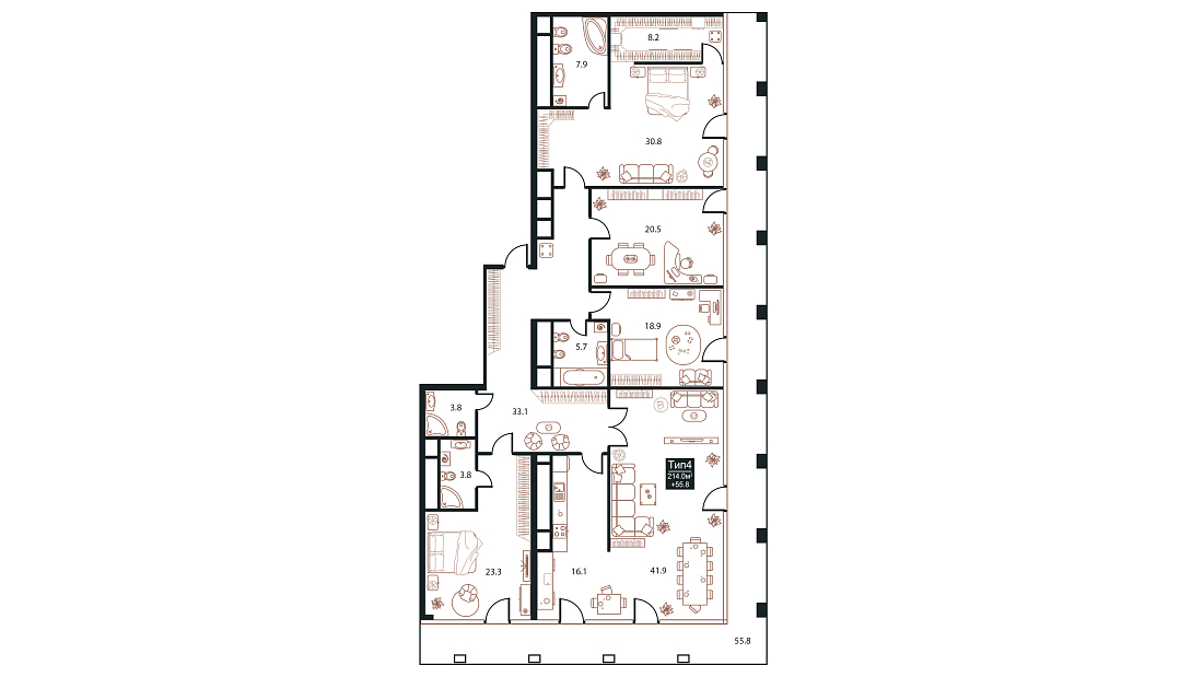 Планировка Апартаменты с 4 спальнями 214 м2 в ЖК West Tower