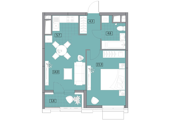 Layout picture 2-rooms from 45.3 m2