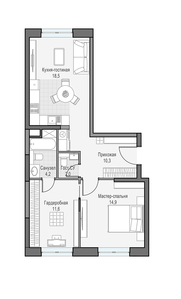 Планировка Квартира с 1 спальней 61.54 м2 в ЖК Дом Достижение
