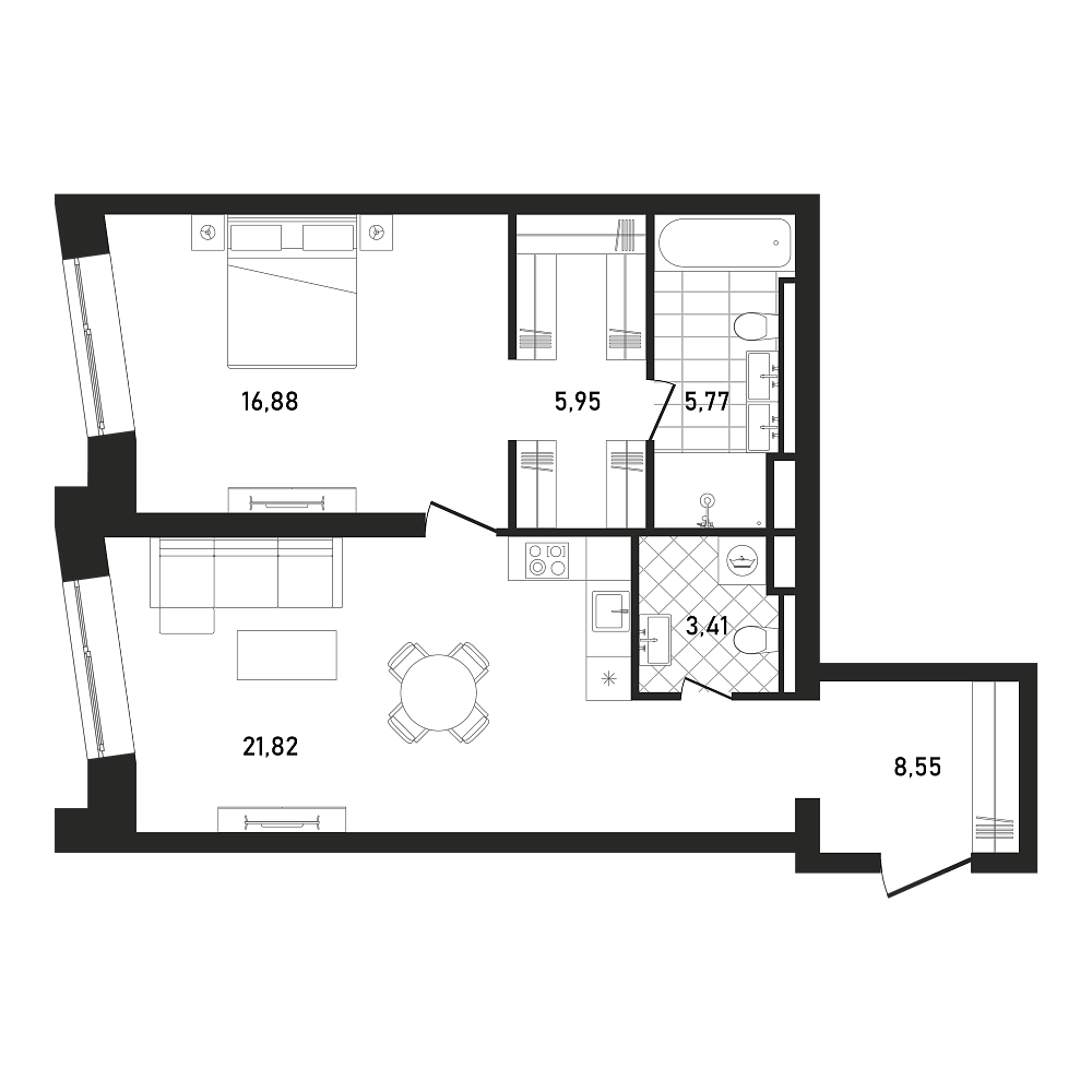 Планировка Квартира с 1 спальней 62.79 м2 в ЖК Republic