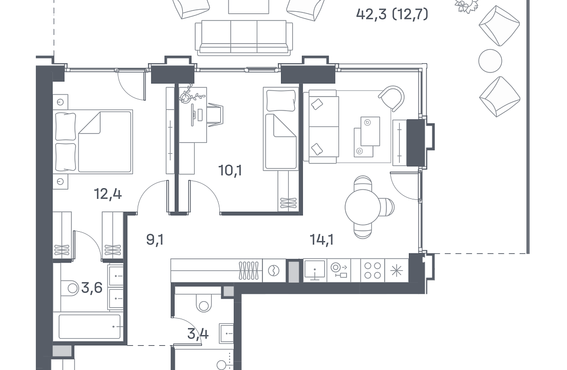 Квартира с 1 спальней 69.8 м2 в ЖК Portland