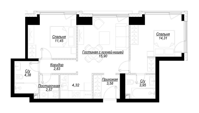 Layout picture 3-rooms from 60.43 m2 Photo 3