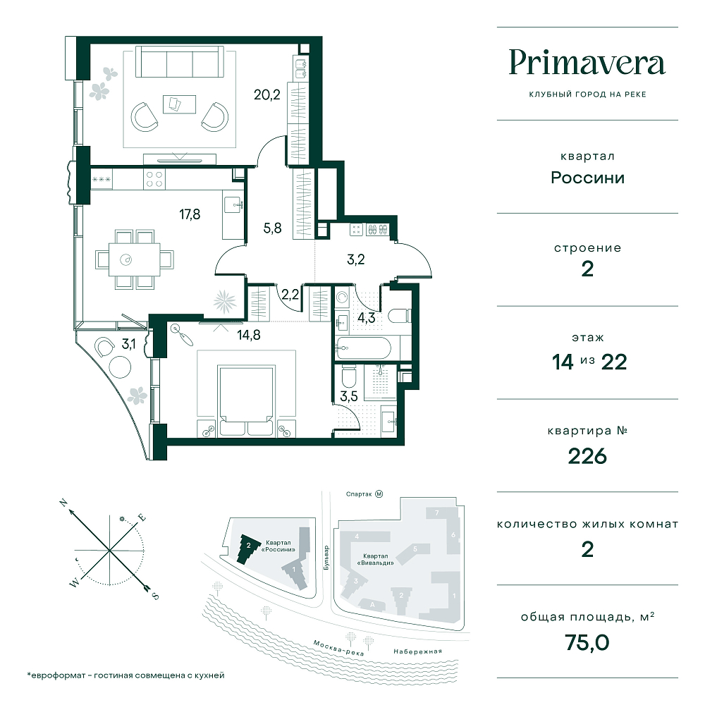 Планировка Квартира с 2 спальнями 74.5 м2 в ЖК Primavera