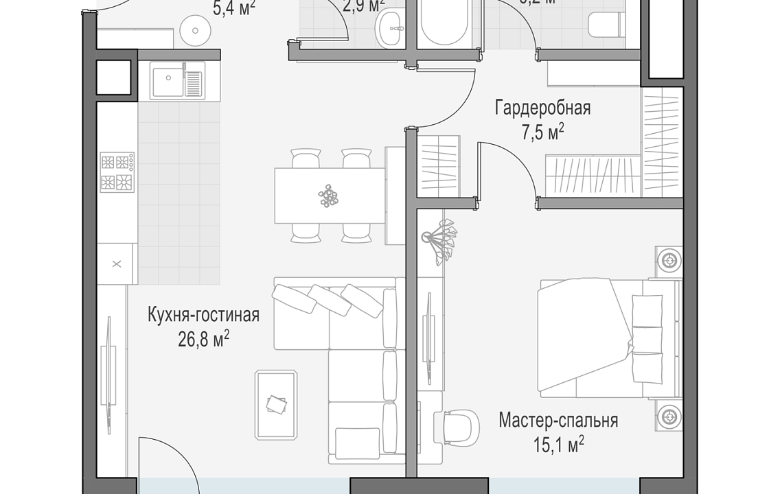 Квартира с 1 спальней 65.1 м2 в ЖК Лаврушинский