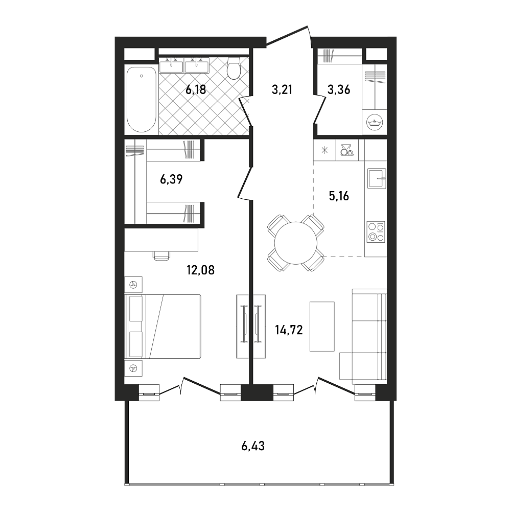 Планировка Квартира с 1 спальней 57.53 м2 в ЖК Republic