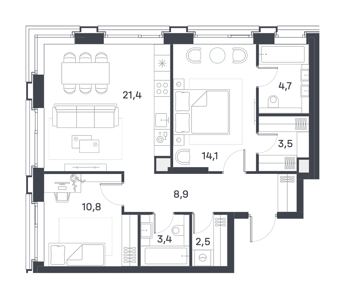 Планировка Квартира с 2 спальнями 69.3 м2 в ЖК Portland