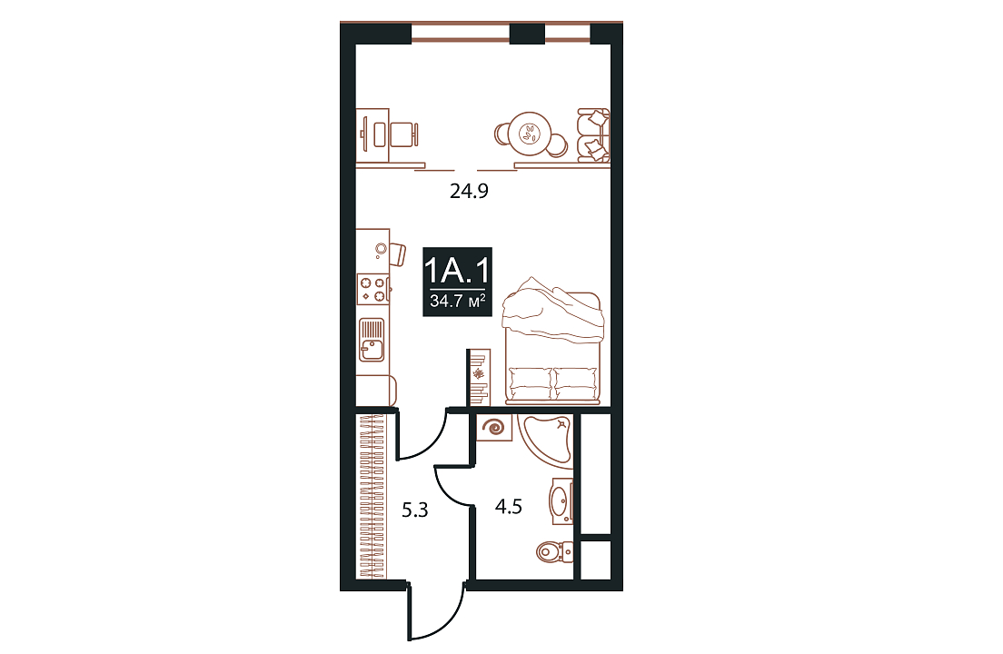 Апартаменты с 1 спальней 34.7 м2 в ЖК West Tower