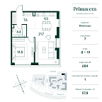 Планировка Квартира с 1 спальней 57.8 м2 в ЖК Primavera