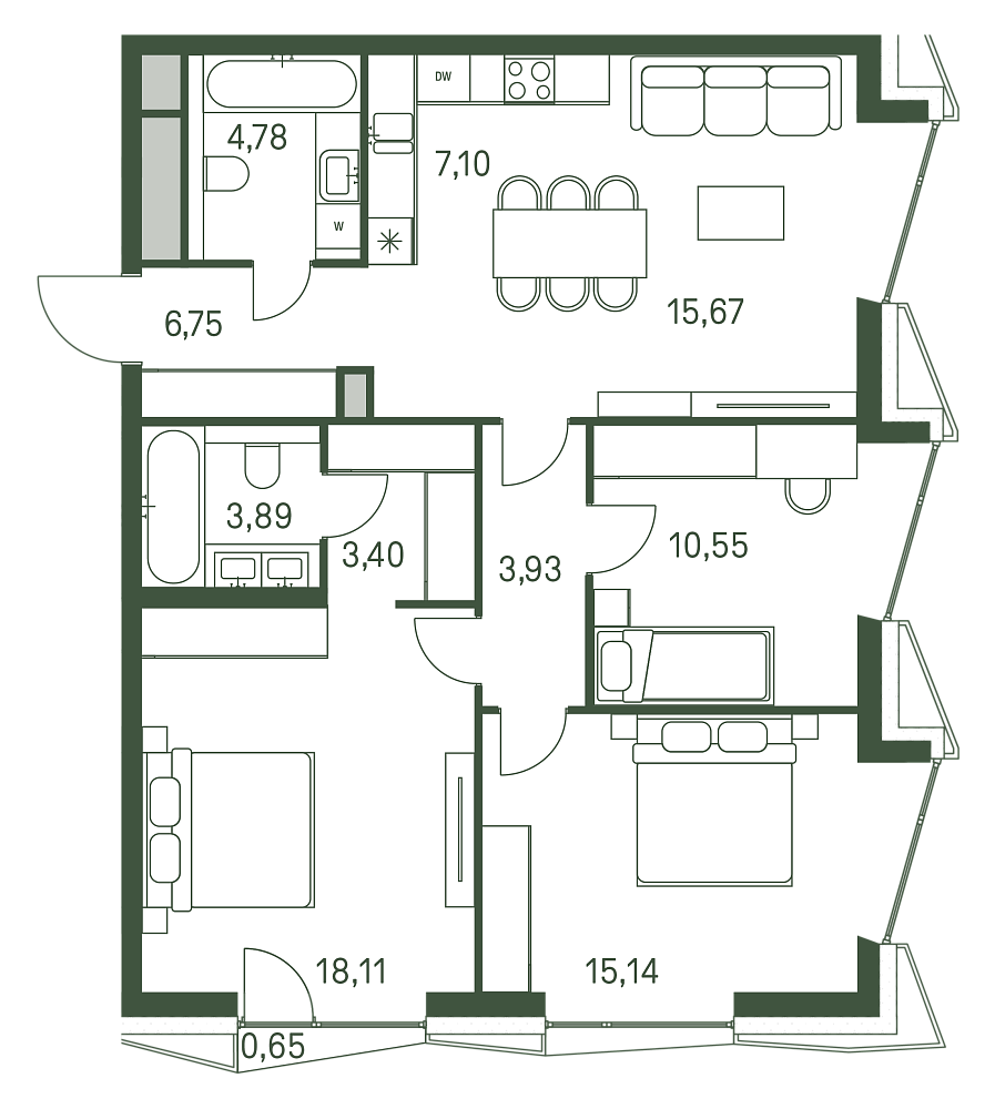 Планировка Квартира с 3 спальнями 89.52 м2 в ЖК Moments