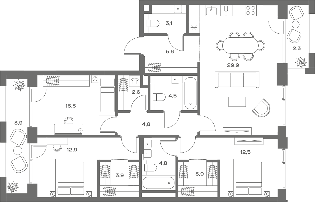 Планировка Квартира с 3 спальнями 108 м2 в ЖК Soul