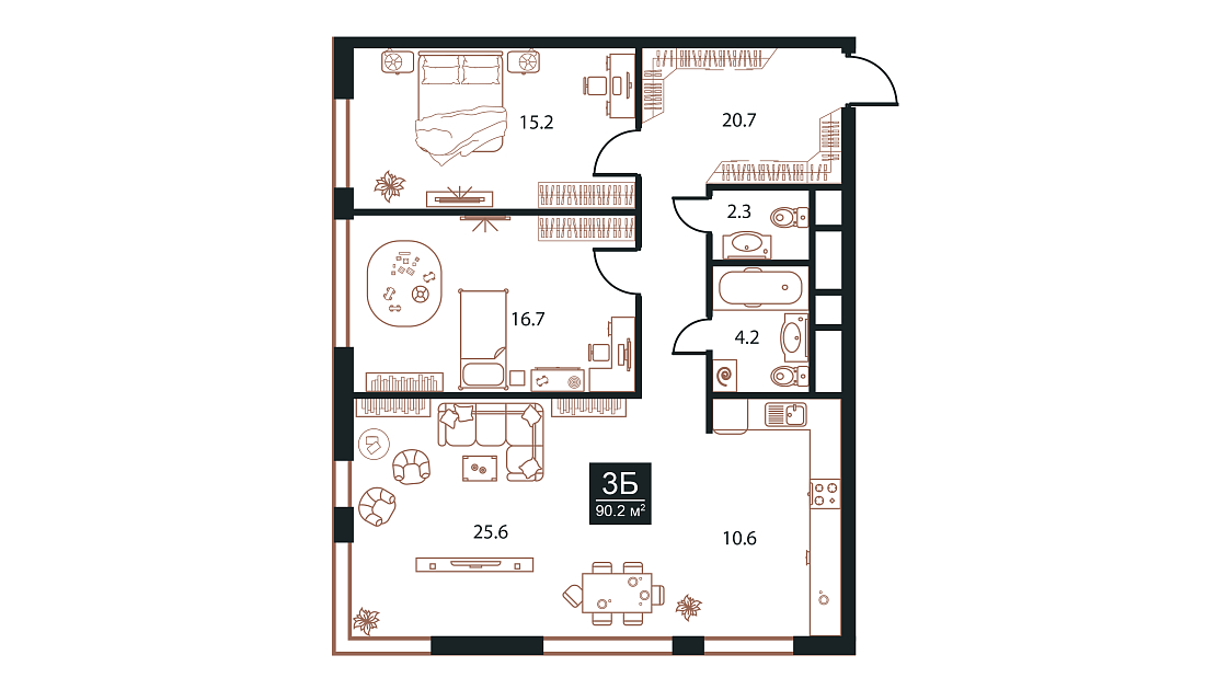 Планировка Апартаменты с 2 спальнями 90.2 м2 в ЖК West Tower