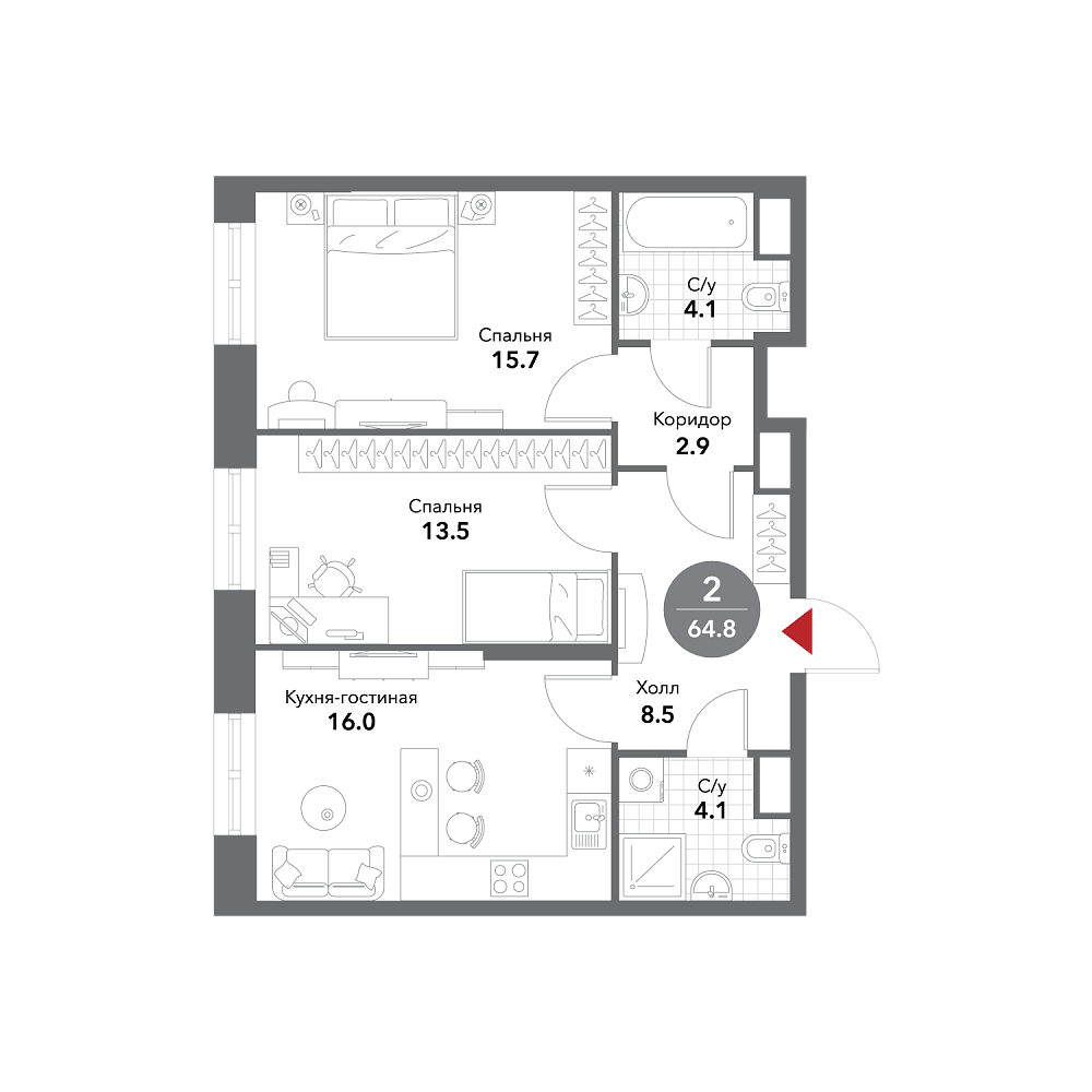 Планировка Квартира с 2 спальнями 65.1 м2 в ЖК Voxhall