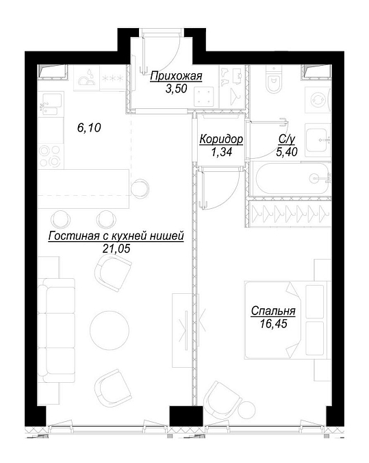 Layout picture 2-rooms from 36.52 m2 Photo 3