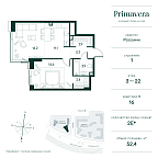 Планировка Квартира с 1 спальней 52.4 м2 в ЖК Primavera