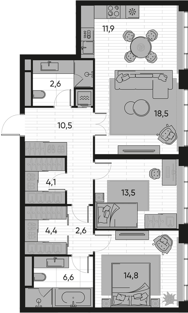Планировка Квартира с 2 спальнями 91.9 м2 в ЖК Pride