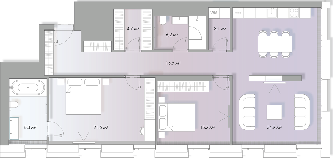 Планировка Апартаменты с 2 спальнями 111.5 м2 в ЖК Lumin House