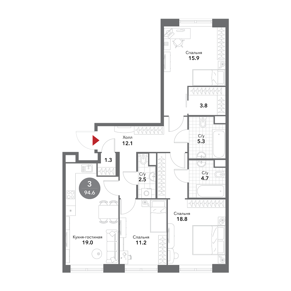 Планировка Квартира с 3 спальнями 94.9 м2 в ЖК Voxhall